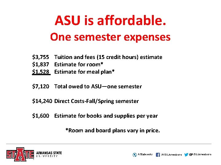 ASU is affordable. One semester expenses $3, 755 Tuition and fees (15 credit hours)