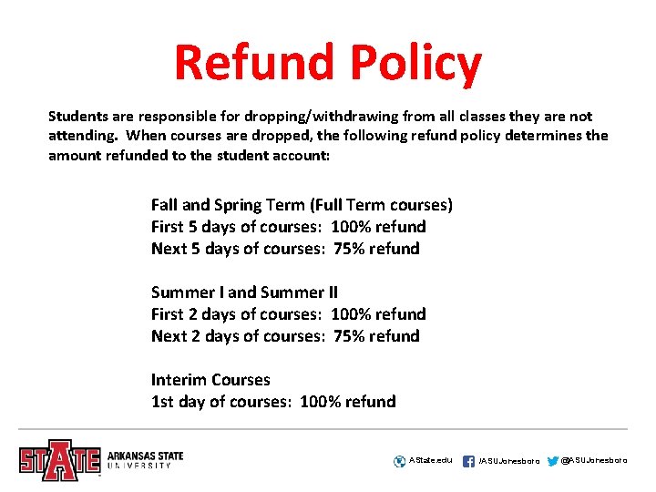 Refund Policy Students are responsible for dropping/withdrawing from all classes they are not attending.