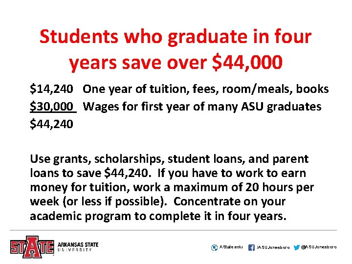 Students who graduate in four years save over $44, 000 $14, 240 One year