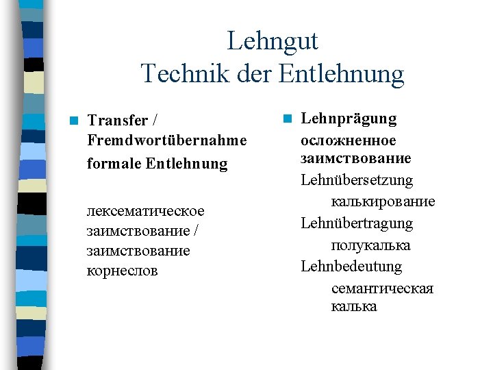 Lehngut Technik der Entlehnung n Transfer / Fremdwortübernahme formale Entlehnung лексематическое заимствование / заимствование