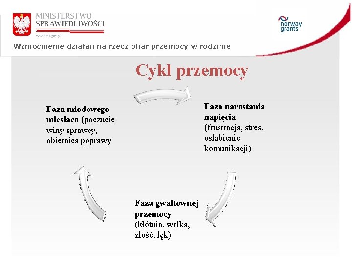 Wzmocnienie działań na rzecz ofiar przemocy w rodzinie Cykl przemocy Faza narastania napięcia (frustracja,