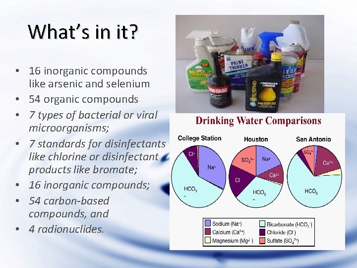 What’s in it? • 16 inorganic compounds like arsenic and selenium • 54 organic