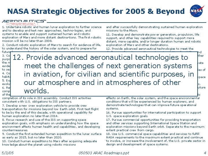 NASA Strategic Objectives for 2005 & Beyond 1. Undertake robotic and human lunar exploration