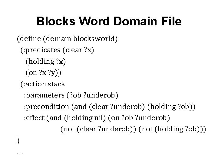 Blocks Word Domain File (define (domain blocksworld) (: predicates (clear ? x) (holding ?