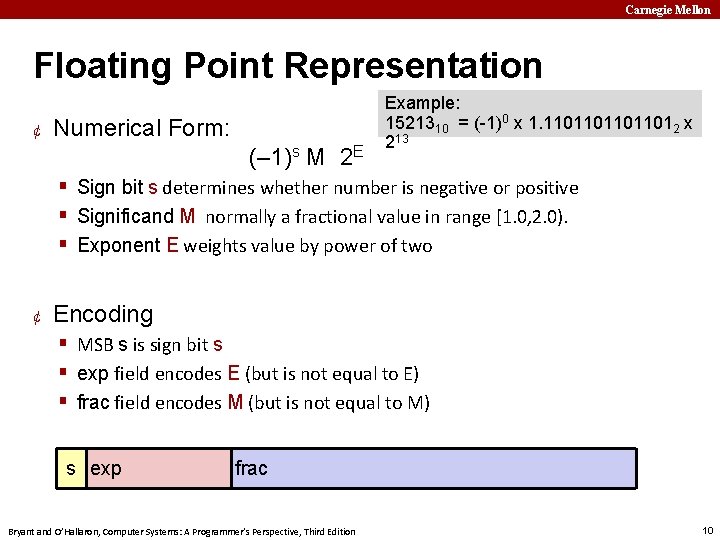 Carnegie Mellon Floating Point Representation ¢ Numerical Form: (– 1)s M 2 E Example:
