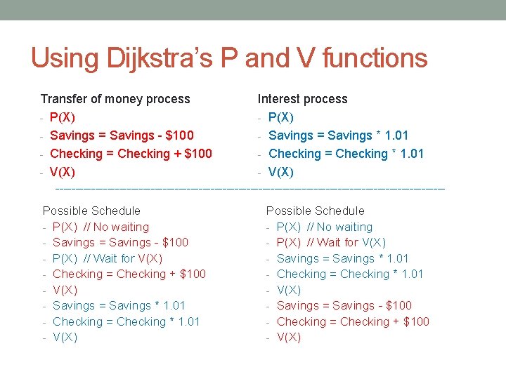 Using Dijkstra’s P and V functions Transfer of money process - P(X) - Savings Using Dijkstra’s P and V functions Transfer of money process - P(X) - Savings