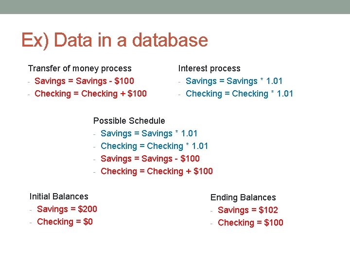 Ex) Data in a database Transfer of money process - Savings = Savings - Ex) Data in a database Transfer of money process - Savings = Savings -