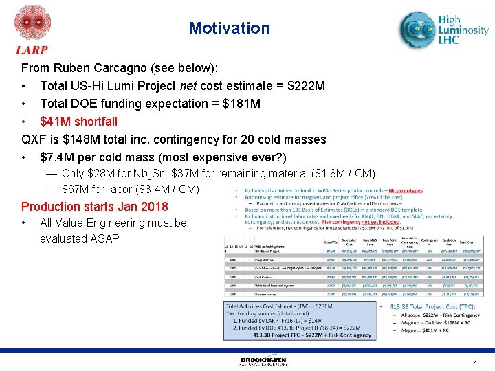 Motivation From Ruben Carcagno (see below): • Total US-Hi Lumi Project net cost estimate