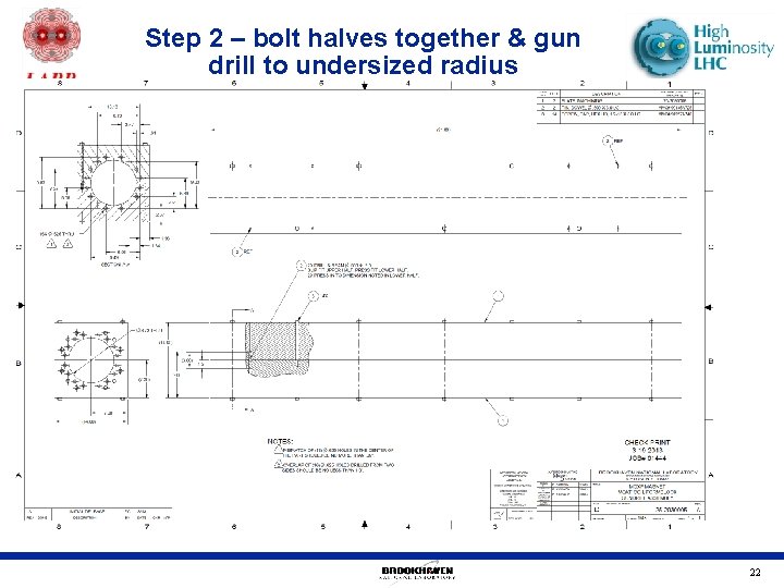 Step 2 – bolt halves together & gun drill to undersized radius 22 