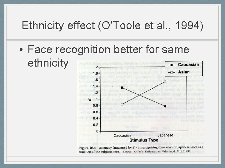 Ethnicity effect (O’Toole et al. , 1994) • Face recognition better for same ethnicity