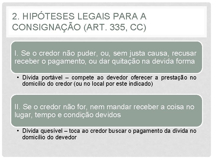 2. HIPÓTESES LEGAIS PARA A CONSIGNAÇÃO (ART. 335, CC) I. Se o credor não