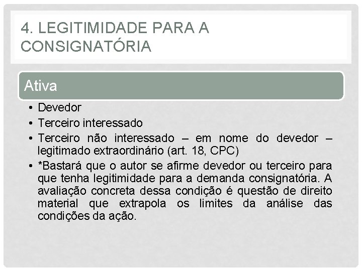 4. LEGITIMIDADE PARA A CONSIGNATÓRIA Ativa • Devedor • Terceiro interessado • Terceiro não