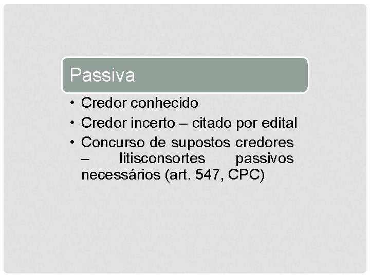 Passiva • Credor conhecido • Credor incerto – citado por edital • Concurso de