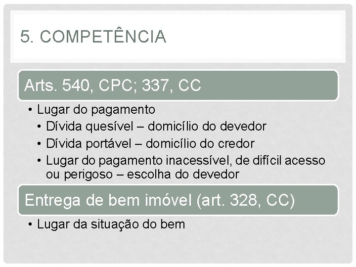 5. COMPETÊNCIA Arts. 540, CPC; 337, CC • Lugar do pagamento • Dívida quesível