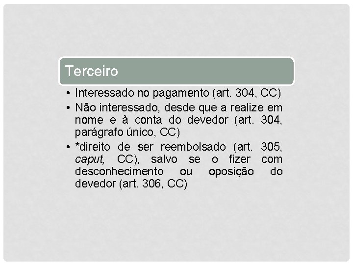 Terceiro • Interessado no pagamento (art. 304, CC) • Não interessado, desde que a