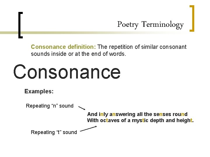 Poetry Terminology Consonance definition: The repetition of similar consonant sounds inside or at the