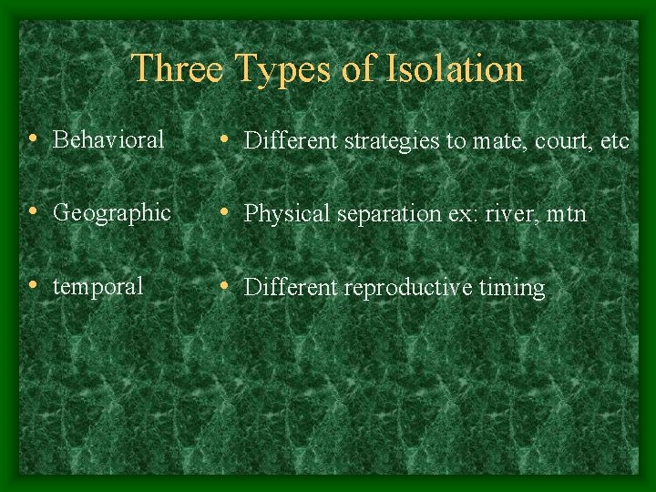 Three Types of Isolation • Behavioral • Different strategies to mate, court, etc •