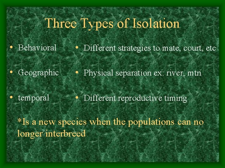 Three Types of Isolation • Behavioral • Different strategies to mate, court, etc •