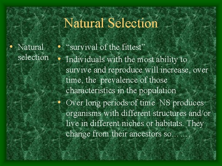 Natural Selection • Natural • “survival of the fittest” selection • Individuals with the