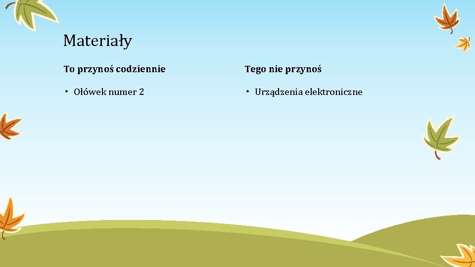 Materiały To przynoś codziennie Tego nie przynoś • Ołówek numer 2 • Urządzenia elektroniczne