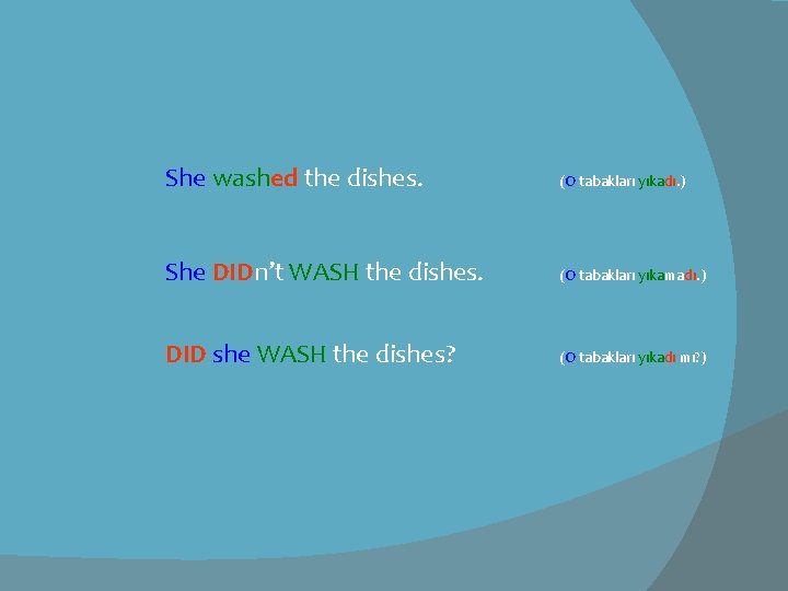 She washed the dishes. (O tabakları yıkadı. ) She DIDn’t WASH the dishes. (O
