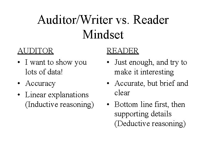 Auditor/Writer vs. Reader Mindset AUDITOR • I want to show you lots of data!