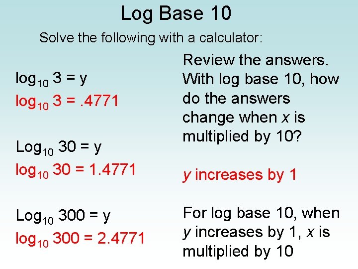 Log Base 10 Solve the following with a calculator: log 10 3 = y