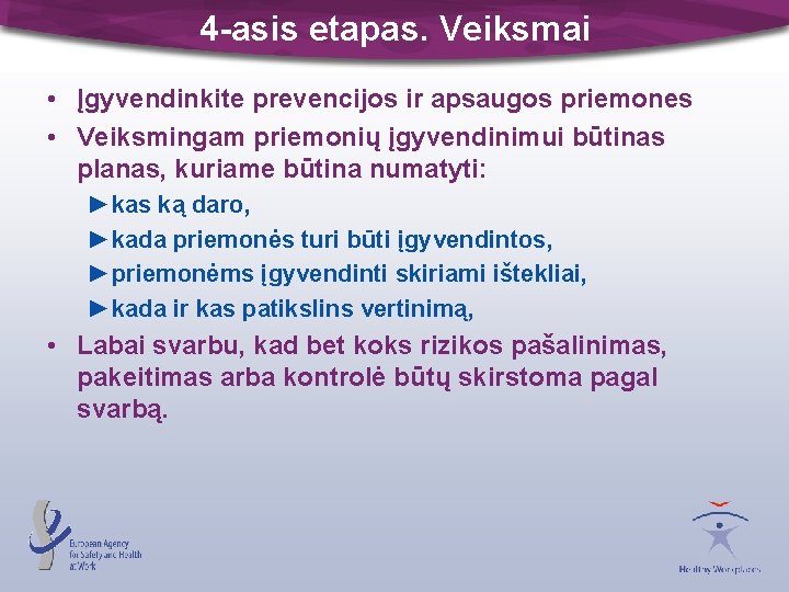 4 -asis etapas. Veiksmai • Įgyvendinkite prevencijos ir apsaugos priemones • Veiksmingam priemonių įgyvendinimui