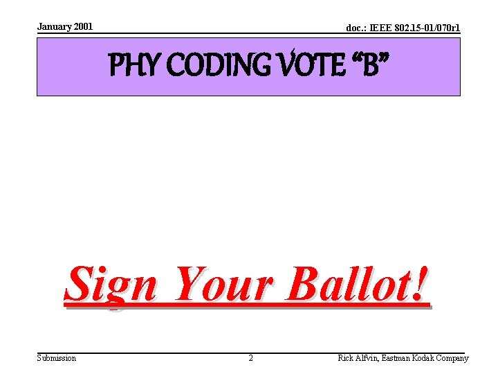 January 2001 doc. : IEEE 802. 15 -01/070 r 1 PHY CODING VOTE “B”