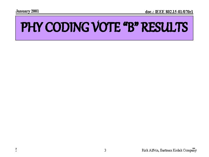 January 2001 doc. : IEEE 802. 15 -01/070 r 1 PHY CODING VOTE “B”