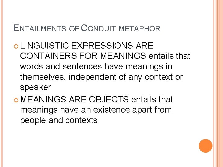 ENTAILMENTS OF CONDUIT METAPHOR LINGUISTIC EXPRESSIONS ARE CONTAINERS FOR MEANINGS entails that words and