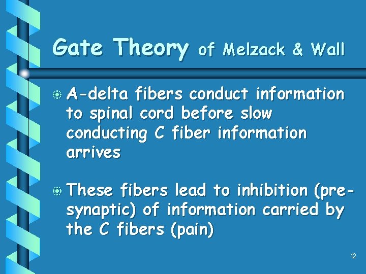 Gate Theory of Melzack & Wall b A-delta fibers conduct information to spinal cord Gate Theory of Melzack & Wall b A-delta fibers conduct information to spinal cord