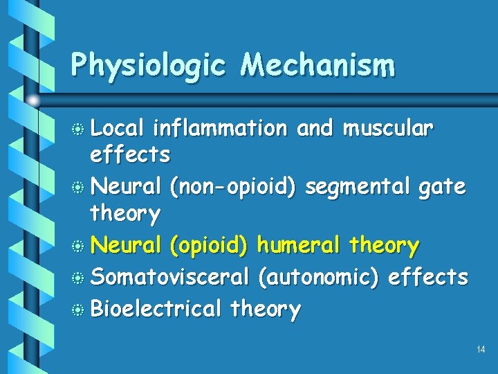 Physiologic Mechanism b Local inflammation and muscular effects b Neural (non-opioid) segmental gate theory Physiologic Mechanism b Local inflammation and muscular effects b Neural (non-opioid) segmental gate theory