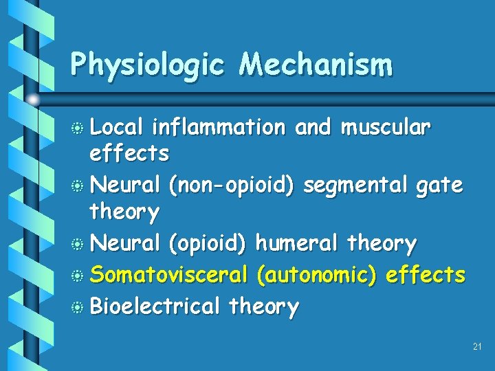Physiologic Mechanism b Local inflammation and muscular effects b Neural (non-opioid) segmental gate theory Physiologic Mechanism b Local inflammation and muscular effects b Neural (non-opioid) segmental gate theory