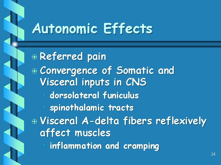 Autonomic Effects b Referred pain b Convergence of Somatic and Visceral inputs in CNS Autonomic Effects b Referred pain b Convergence of Somatic and Visceral inputs in CNS