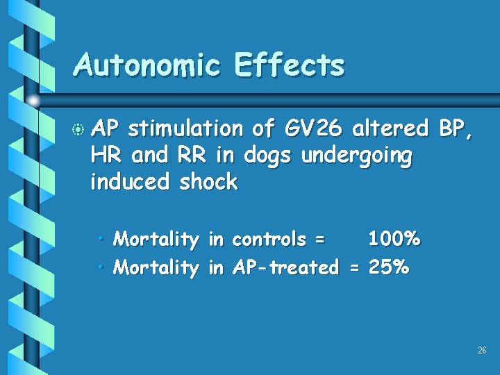 Autonomic Effects b AP stimulation of GV 26 altered BP, HR and RR in Autonomic Effects b AP stimulation of GV 26 altered BP, HR and RR in