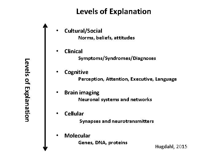 Levels of Explanation • Cultural/Social Norms, beliefs, attitudes • Clinical Levels of Explanation Symptoms/Syndromes/Diagnoses