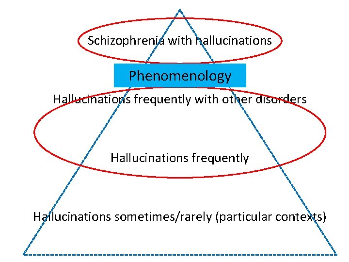 Schizophrenia with hallucinations Phenomenology Hallucinations frequently with other disorders Hallucinations frequently Hallucinations sometimes/rarely (particular