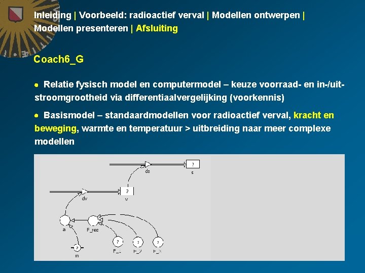 Inleiding | Voorbeeld: radioactief verval | Modellen ontwerpen | Modellen presenteren | Afsluiting Coach