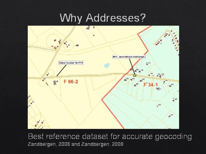 Why Addresses? Best reference dataset for accurate geocoding Zandbergen, 2008 and Zandbergen, 2009 Why Addresses? Best reference dataset for accurate geocoding Zandbergen, 2008 and Zandbergen, 2009