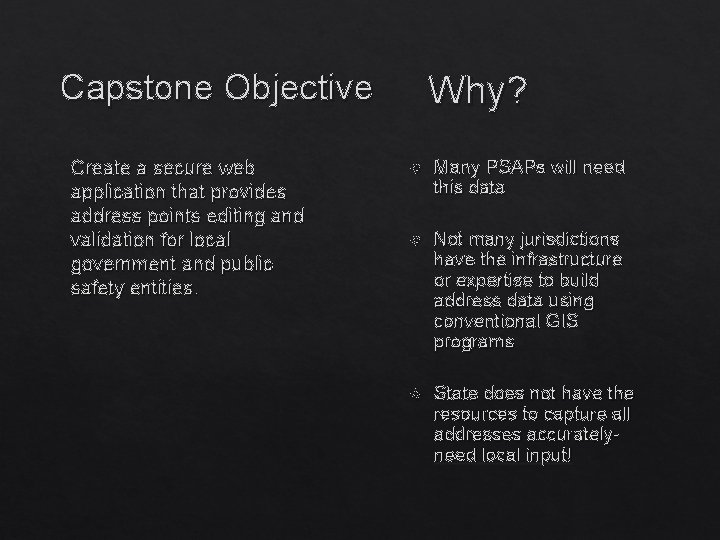 Capstone Objective Create a secure web application that provides address points editing and validation Capstone Objective Create a secure web application that provides address points editing and validation