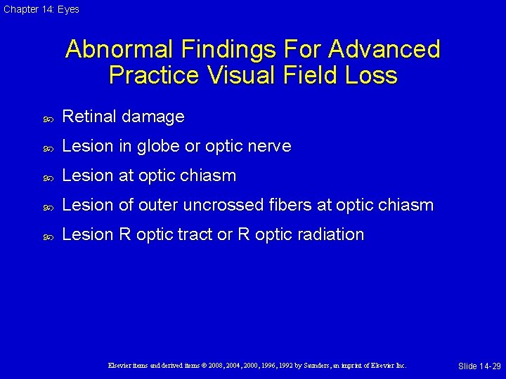 Chapter 14: Eyes Abnormal Findings For Advanced Practice Visual Field Loss Retinal damage Lesion