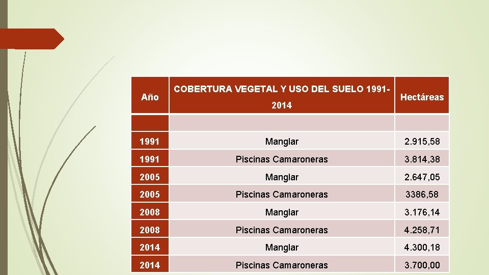 Año COBERTURA VEGETAL Y USO DEL SUELO 19912014 Hectáreas 1991 Manglar 2. 915, 58