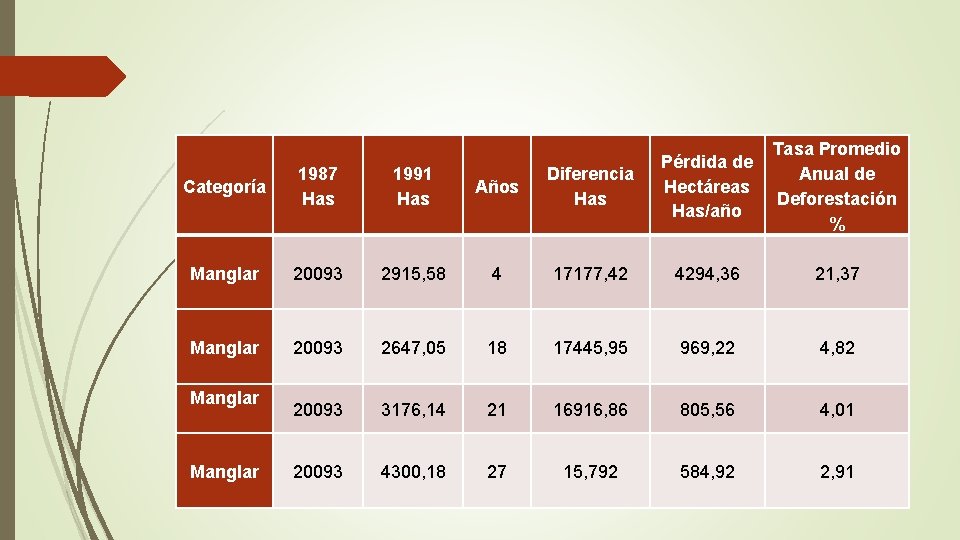 Tasa Promedio Anual de Deforestación % Categoría 1987 Has 1991 Has Años Diferencia Has