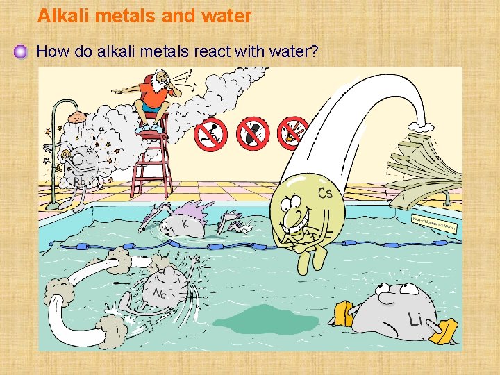 Alkali metals and water How do alkali metals react with water? 