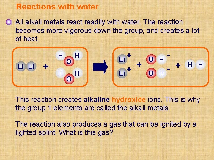 Reactions with water All alkali metals react readily with water. The reaction becomes more Reactions with water All alkali metals react readily with water. The reaction becomes more