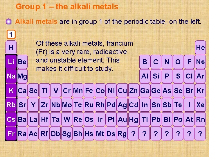 Group 1 – the alkali metals Alkali metals are in group 1 of the