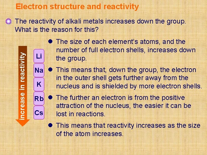 Electron structure and reactivity increase in reactivity The reactivity of alkali metals increases down