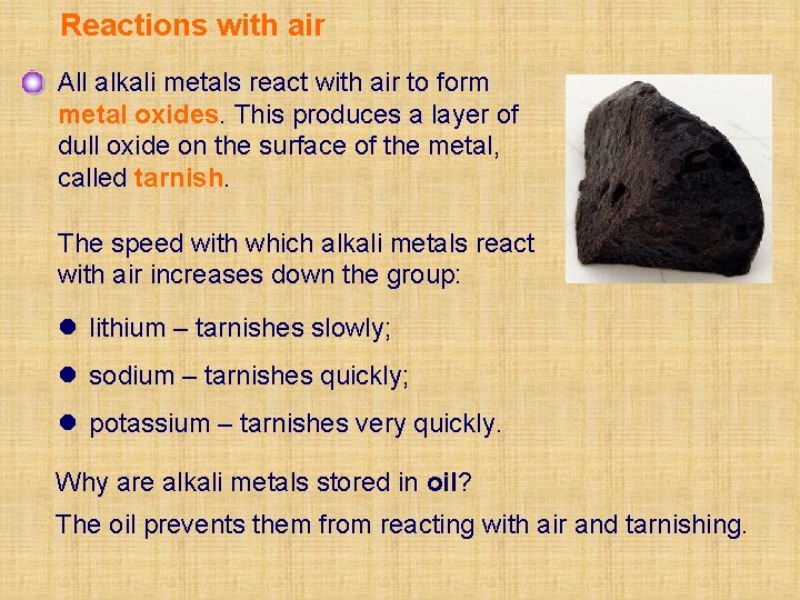 Reactions with air All alkali metals react with air to form metal oxides. This