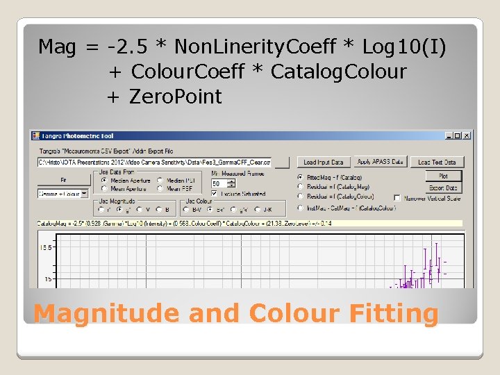 Mag = -2. 5 * Non. Linerity. Coeff * Log 10(I) + Colour. Coeff